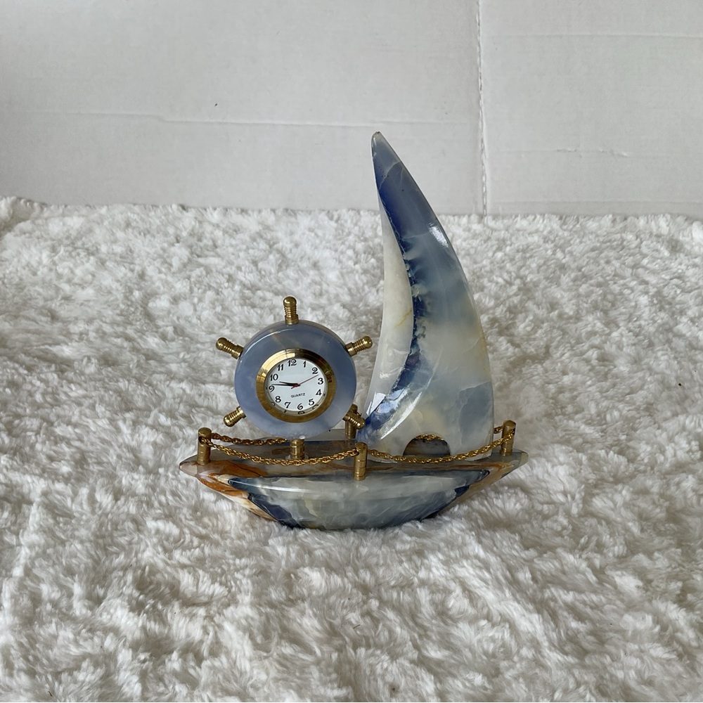 Blue Agate Sailboat Clock Decorative Accent - Unbranded